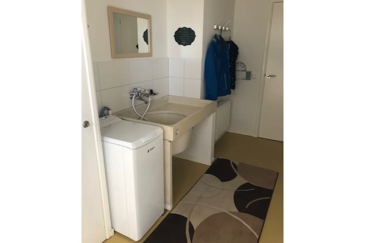 Bijkeuken met wasmachine en een heel praktisch ouderwets lavet